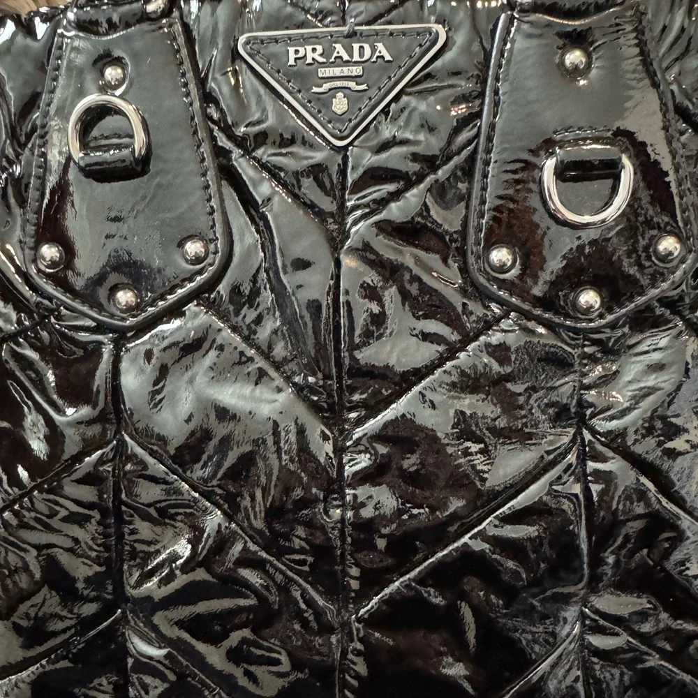 Vintage Prada Black Patent Leather Quilted Shoulder Bag Large - Picture 3 of 8